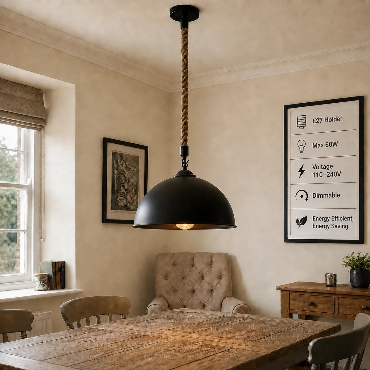1 m Hemp Rope Pendant Light – Metal, Glass or Hemp Shades, E27 - Black, Dome 40 cm Black, Without Bulb