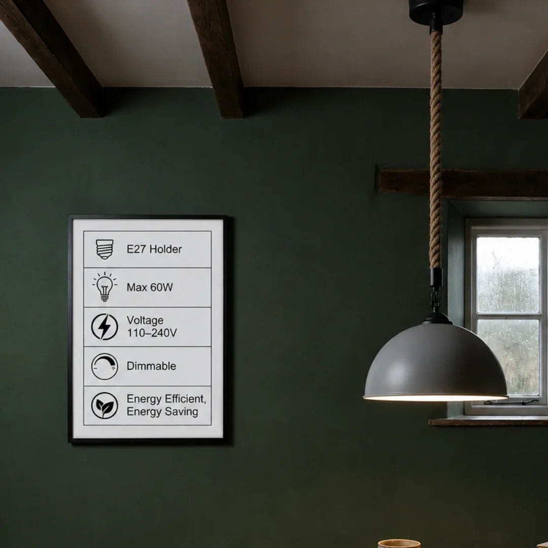 1 m Hemp Rope Pendant Light – Metal, Glass or Hemp Shades, E27 - Black, Dome 40 cm Grey, Without Bulb
