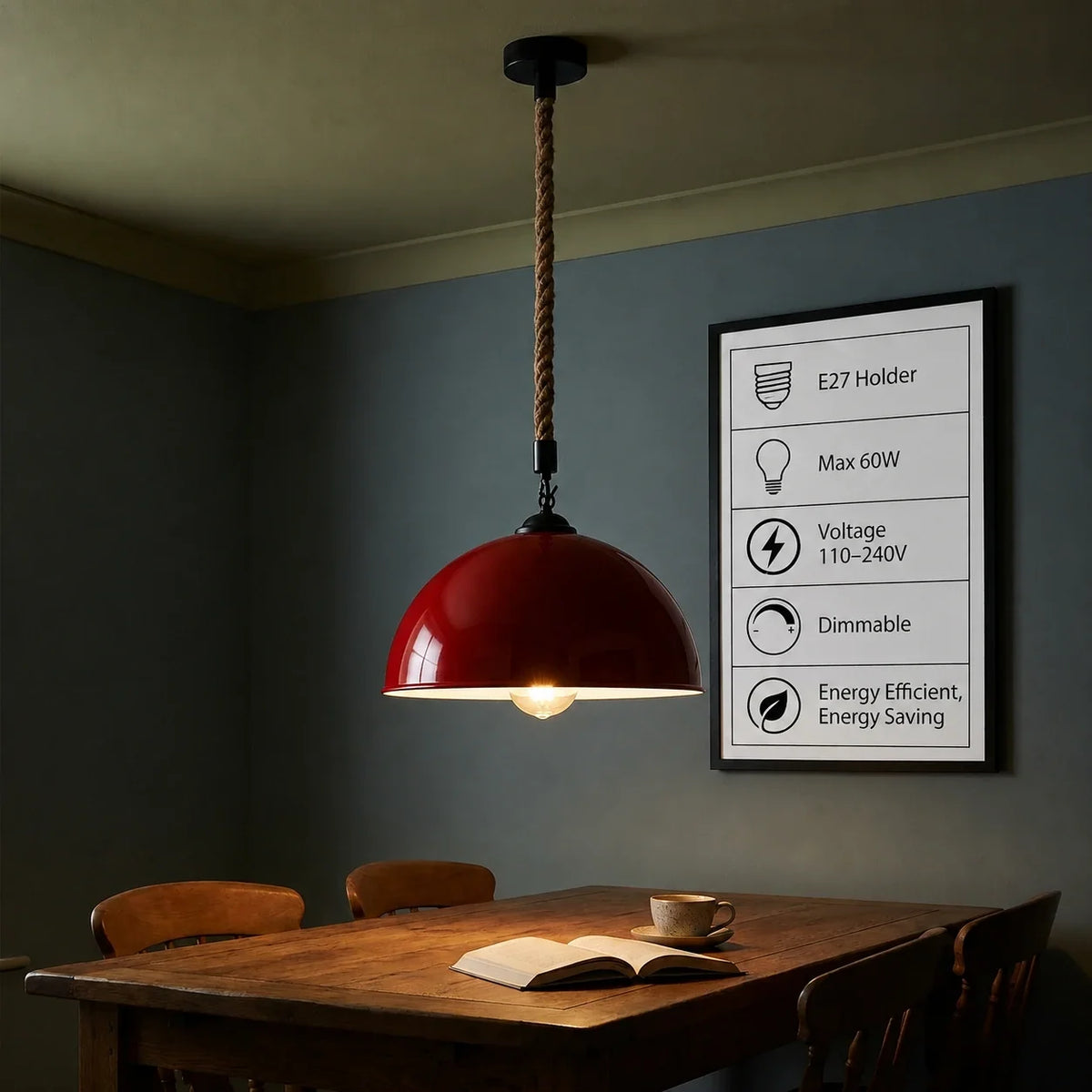 1 m Hemp Rope Pendant Light – Metal, Glass or Hemp Shades, E27 - Black, Dome 40 cm Red, Without Bulb