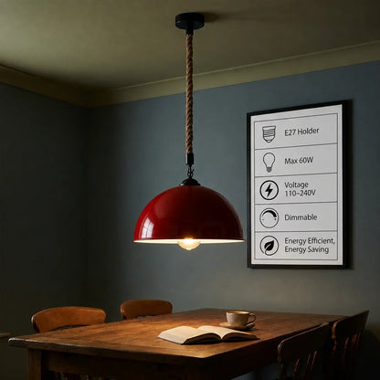 1 m Hemp Rope Pendant Light – Metal, Glass or Hemp Shades, E27 - Black, Dome 40 cm Red, Without Bulb