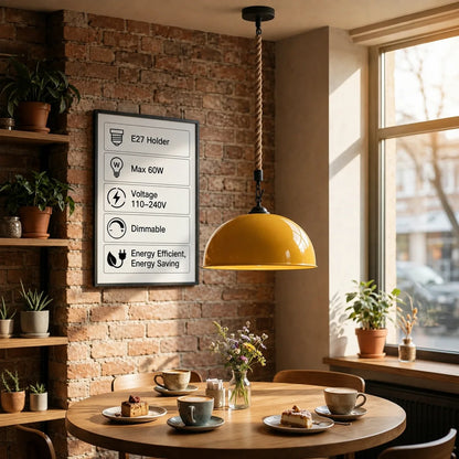 1 m Hemp Rope Pendant Light – Metal, Glass or Hemp Shades, E27 - Black, Dome 40 cm Yellow, Without Bulb