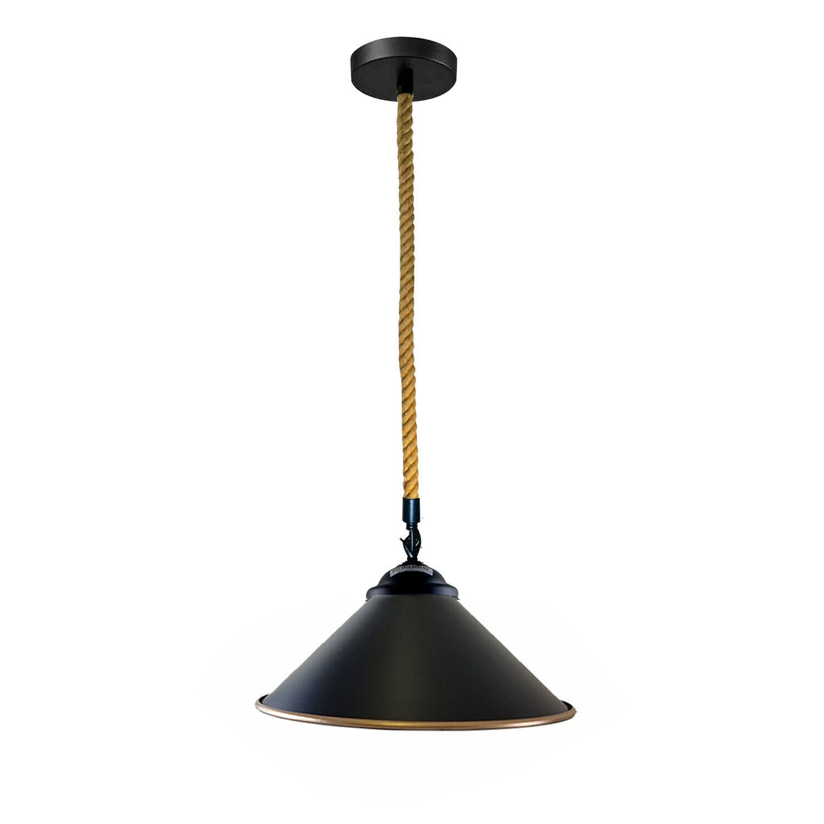 1 m Hemp Rope Pendant Light – Metal, Glass or Hemp Shades, E27 - Black, Flat Cone 22 cm Black & Gold Line, Without Bulb