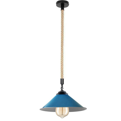 1 m Hemp Rope Pendant Light – Metal, Glass or Hemp Shades, E27 - Black, Flat Cone 22 cm Blue, Without Bulb
