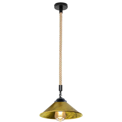 1 m Hemp Rope Pendant Light – Metal, Glass or Hemp Shades, E27 - Black, Flat Cone 22 cm Brushed Brass, Without Bulb