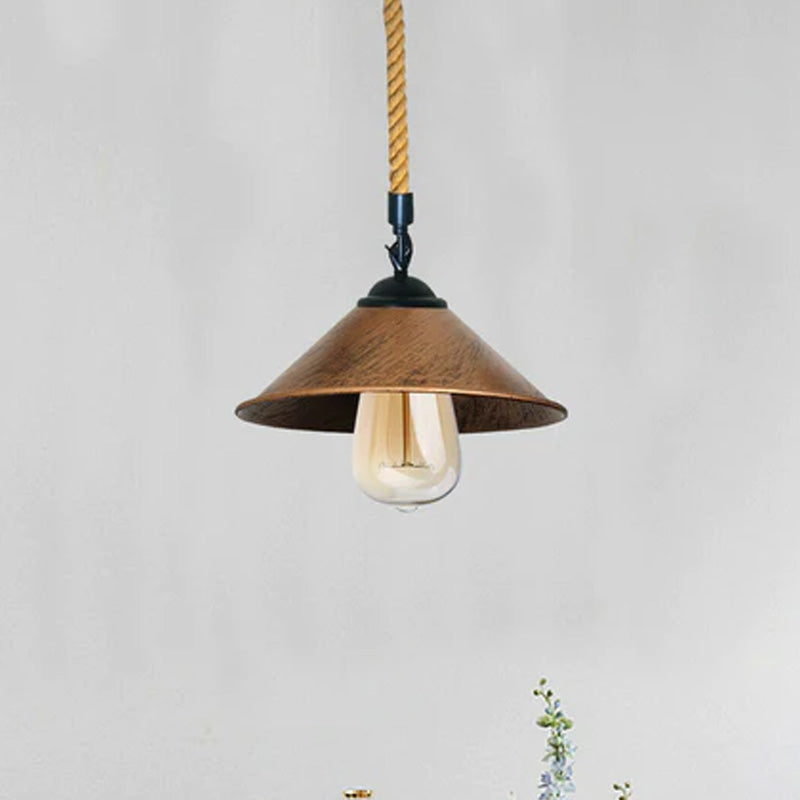1 m Hemp Rope Pendant Light – Metal, Glass or Hemp Shades, E27 - Black, Flat Cone 22 cm Brushed Copper, Holder Only, Without Bulb