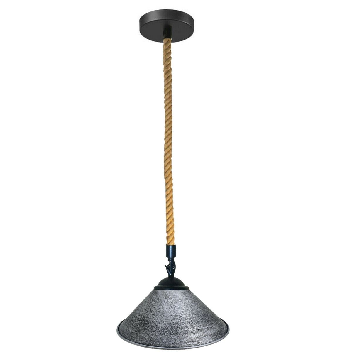 1 m Hemp Rope Pendant Light – Metal, Glass or Hemp Shades, E27 - Black, Flat Cone 22 cm Brushed Silver, Holder Only, Without Bulb