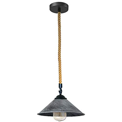 1 m Hemp Rope Pendant Light – Metal, Glass or Hemp Shades, E27 - Black, Flat Cone 22 cm Brushed Silver, Without Bulb