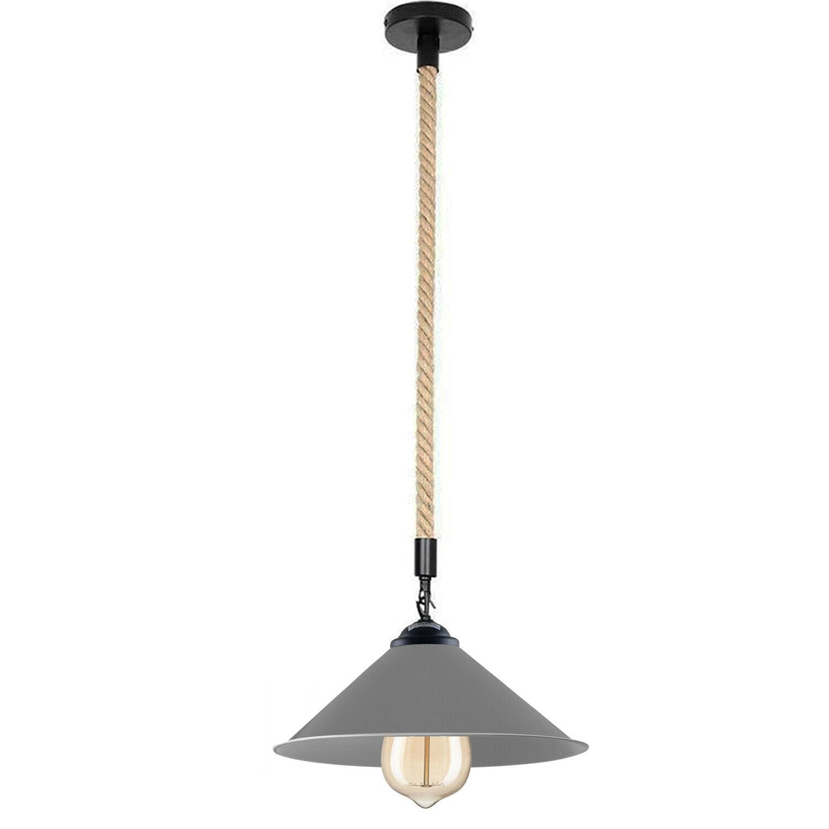 1 m Hemp Rope Pendant Light – Metal, Glass or Hemp Shades, E27 - Black, Flat Cone 22 cm Grey, Without Bulb