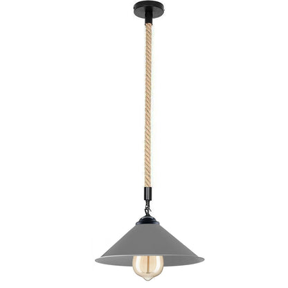 1 m Hemp Rope Pendant Light – Metal, Glass or Hemp Shades, E27 - Black, Flat Cone 22 cm Grey, Without Bulb