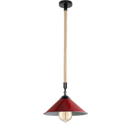 1 m Hemp Rope Pendant Light – Metal, Glass or Hemp Shades, E27 - Black, Flat Cone 22 cm Red, Without Bulb
