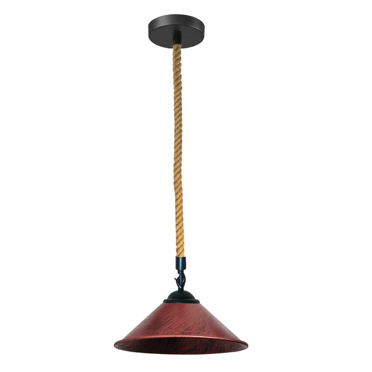 1 m Hemp Rope Pendant Light – Metal, Glass or Hemp Shades, E27 - Black, Flat Cone 22 cm Rustic Red, Holder Only, Without Bulb