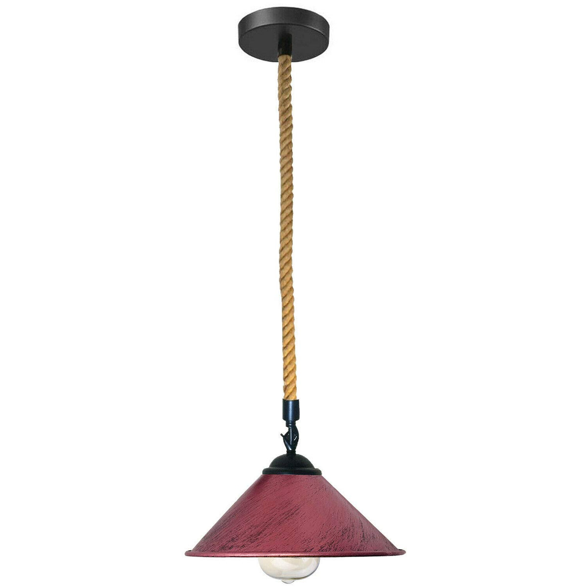 1 m Hemp Rope Pendant Light – Metal, Glass or Hemp Shades, E27 - Black, Flat Cone 22 cm Rustic Red, Without Bulb