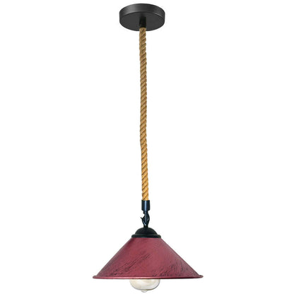 1 m Hemp Rope Pendant Light – Metal, Glass or Hemp Shades, E27 - Black, Flat Cone 22 cm Rustic Red, Without Bulb