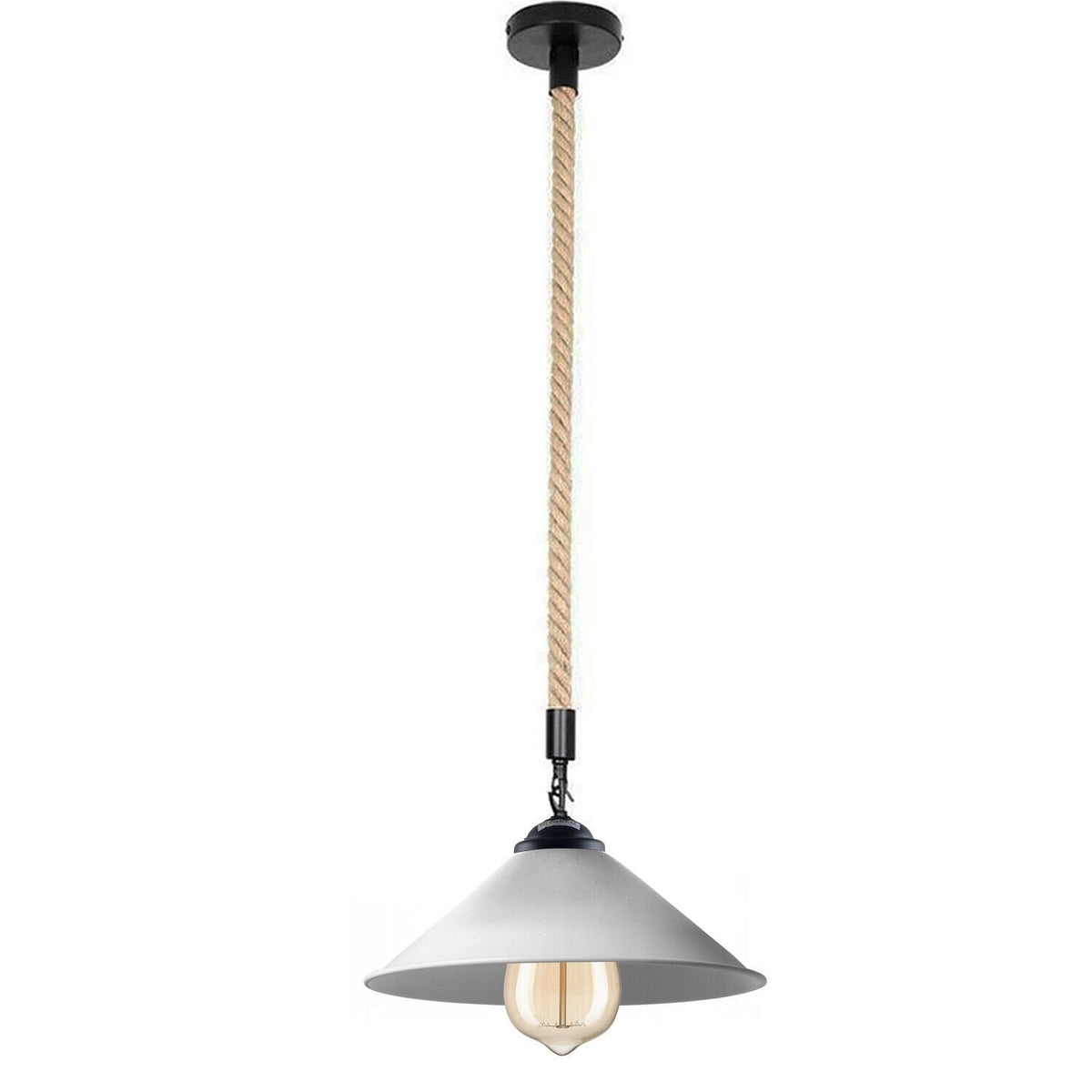 1 m Hemp Rope Pendant Light – Metal, Glass or Hemp Shades, E27 - Black, Flat Cone 22 cm White, Without Bulb