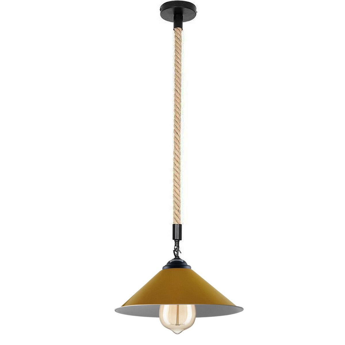 1 m Hemp Rope Pendant Light – Metal, Glass or Hemp Shades, E27 - Black, Flat Cone 22 cm Yellow, Without Bulb
