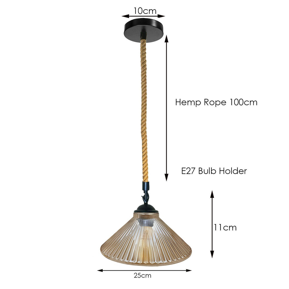 1 m Hemp Rope Pendant Light – Metal, Glass or Hemp Shades, E27 - Black, Glass 25 cm Amber, Holder Only, Without Bulb