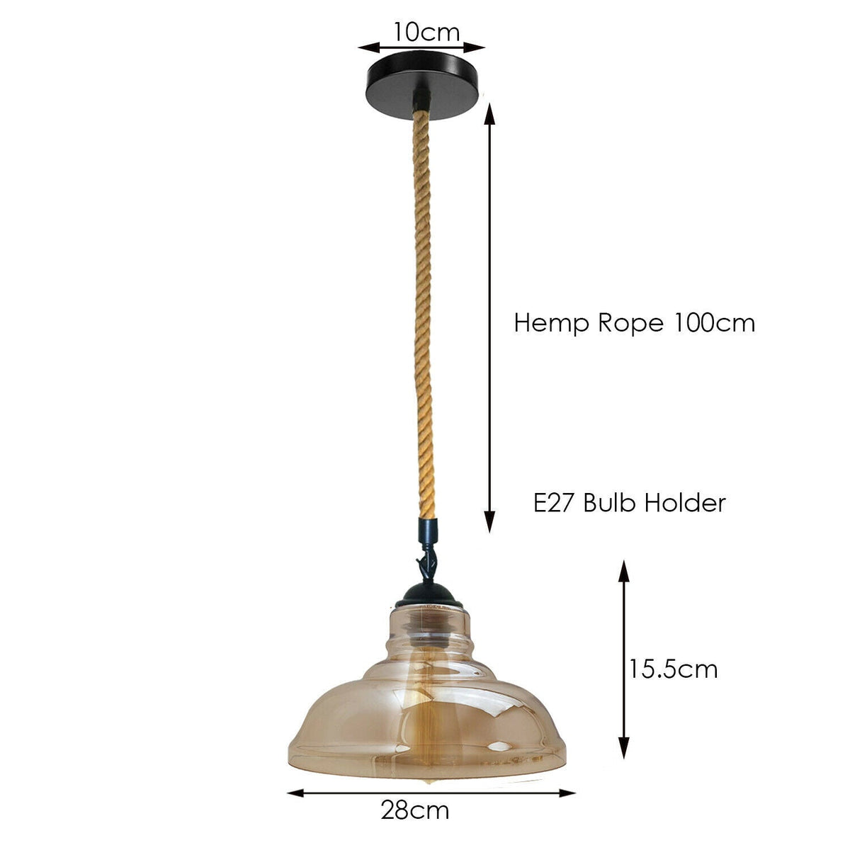 1 m Hemp Rope Pendant Light – Metal, Glass or Hemp Shades, E27 - Black, Glass Dome 28 cm Amber, Without Bulb