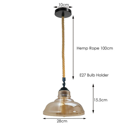 1 m Hemp Rope Pendant Light – Metal, Glass or Hemp Shades, E27 - Black, Glass Dome 28 cm Amber, Without Bulb