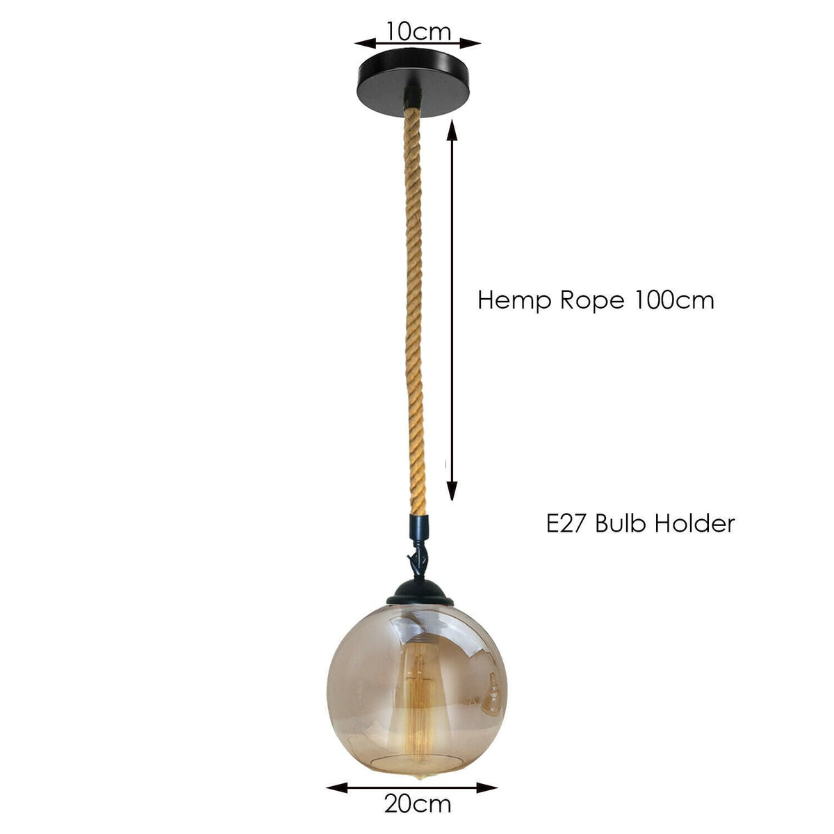 1 m Hemp Rope Pendant Light – Metal, Glass or Hemp Shades, E27 - Black, Glass Globe 20 cm Amber, Without Bulb