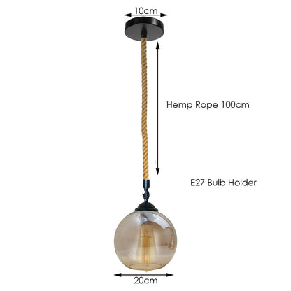 1 m Hemp Rope Pendant Light – Metal, Glass or Hemp Shades, E27 - Black, Glass Globe 20 cm Amber, Without Bulb