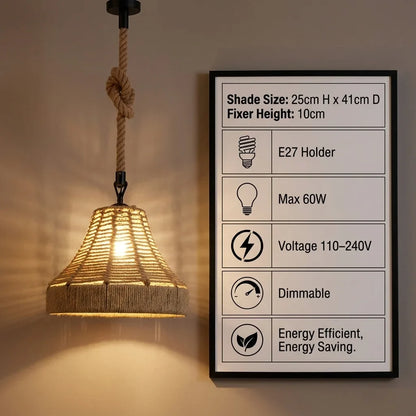 1 m Hemp Rope Pendant Light – Metal, Glass or Hemp Shades, E27 - Black, Hemp 41 cm Hemp, Without Bulb