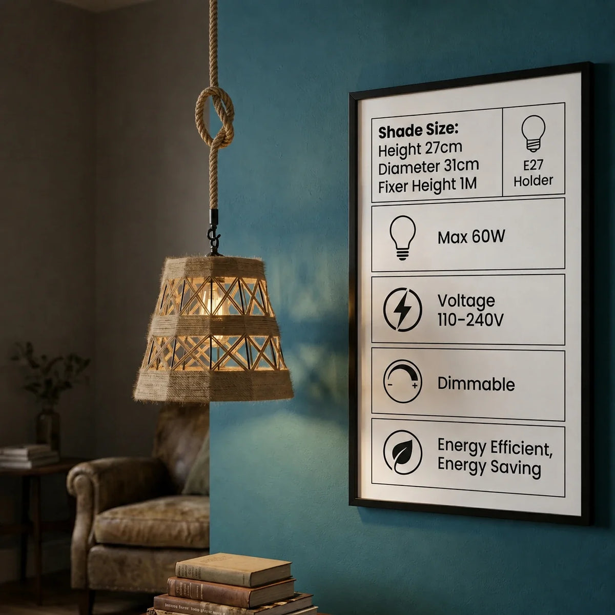 1 m Hemp Rope Pendant Light – Metal, Glass or Hemp Shades, E27 - Black, Hemp Basket 31 cm Hemp, Without Bulb
