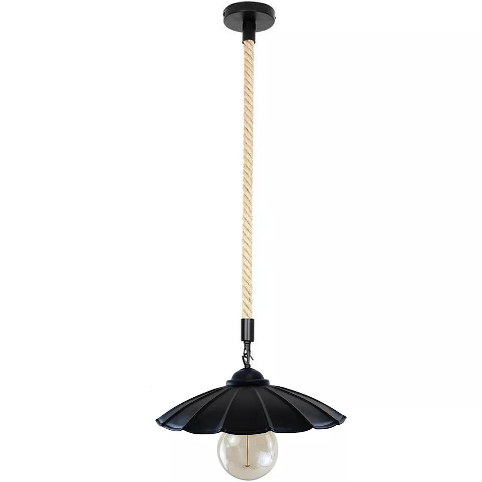 1 m Hemp Rope Pendant Light – Metal, Glass or Hemp Shades, E27 - Black, Lounge 22 cm Black, G95 LED Bulb 4W