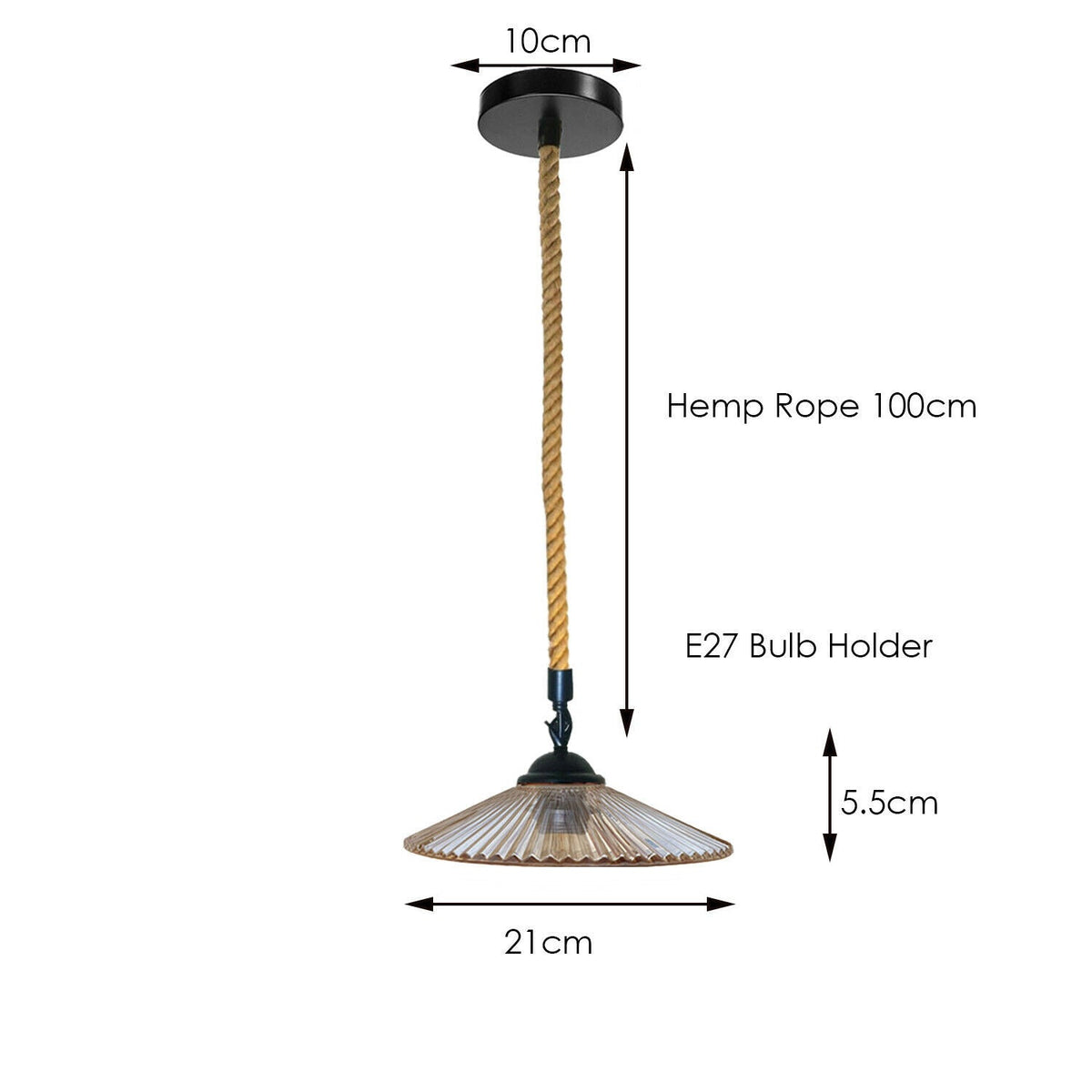 1 m Hemp Rope Pendant Light – Metal, Glass or Hemp Shades, E27 - Black, LSFG 21 cm Amber, Without Bulb