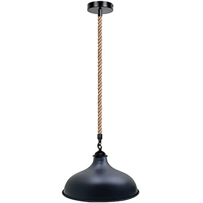 1 m Hemp Rope Pendant Light – Metal, Glass or Hemp Shades, E27 - Black, Wide Round 36 cm Black, Without Bulb