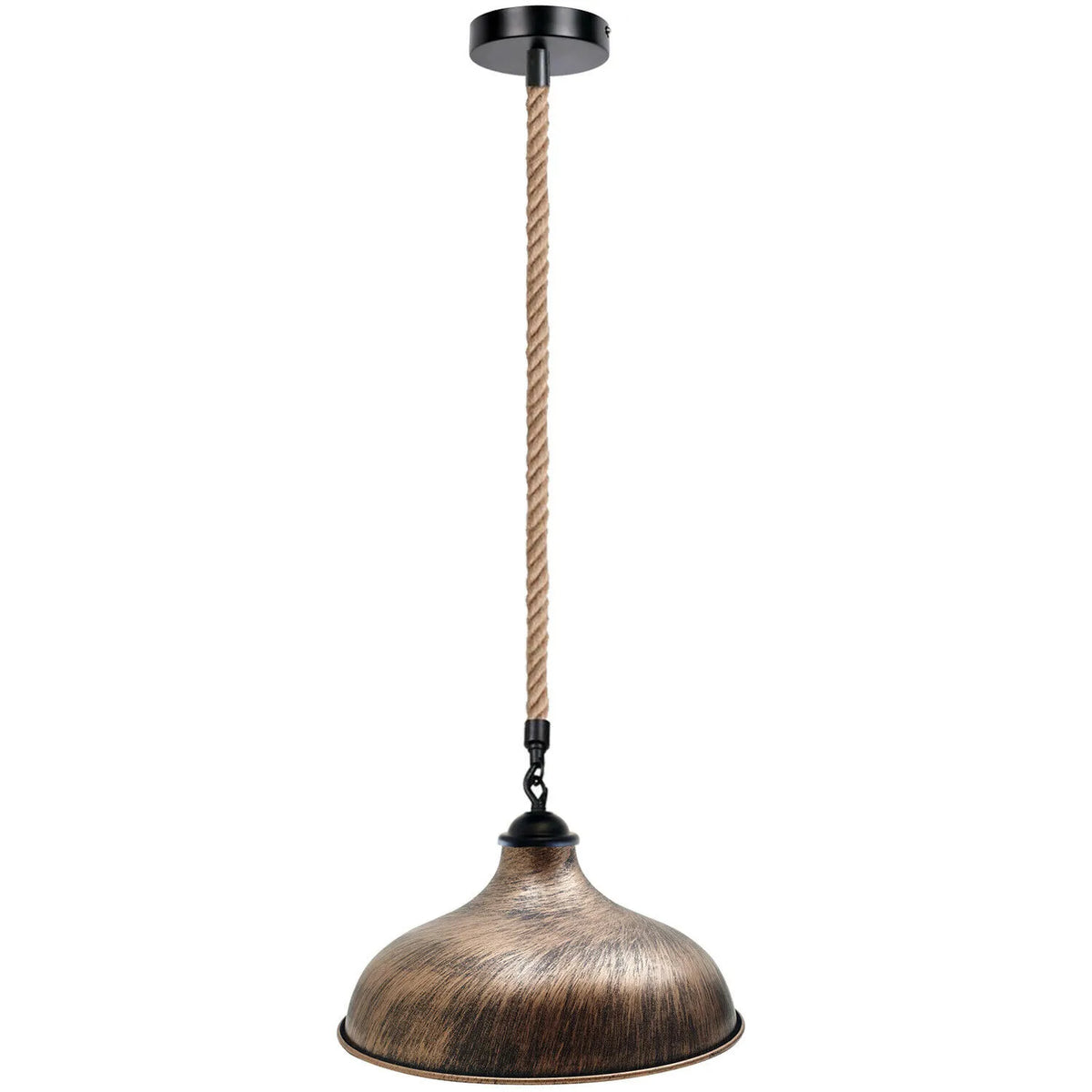 1 m Hemp Rope Pendant Light – Metal, Glass or Hemp Shades, E27 - Black, Wide Round 36 cm Brushed Copper, Holder Only, Without Bulb