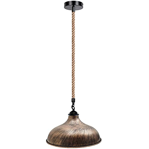 1 m Hemp Rope Pendant Light – Metal, Glass or Hemp Shades, E27 - Black, Wide Round 36 cm Brushed Copper, Without Bulb