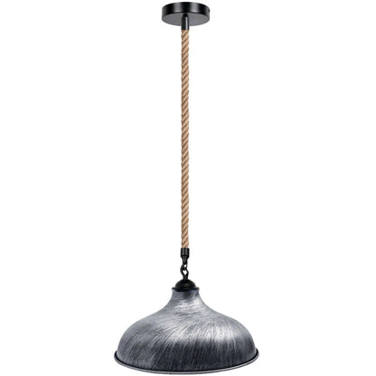 1 m Hemp Rope Pendant Light – Metal, Glass or Hemp Shades, E27 - Black, Wide Round 36 cm Brushed Silver, Holder Only, Without Bulb