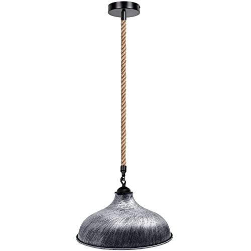 1 m Hemp Rope Pendant Light – Metal, Glass or Hemp Shades, E27 - Black, Wide Round 36 cm Brushed Silver, Without Bulb