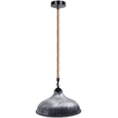 1 m Hemp Rope Pendant Light – Metal, Glass or Hemp Shades, E27 - Black, Wide Round 36 cm Brushed Silver, Without Bulb