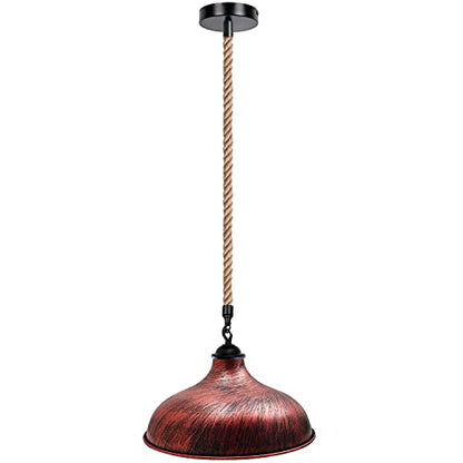 1 m Hemp Rope Pendant Light – Metal, Glass or Hemp Shades, E27 - Black, Wide Round 36 cm Rustic Red, Without Bulb