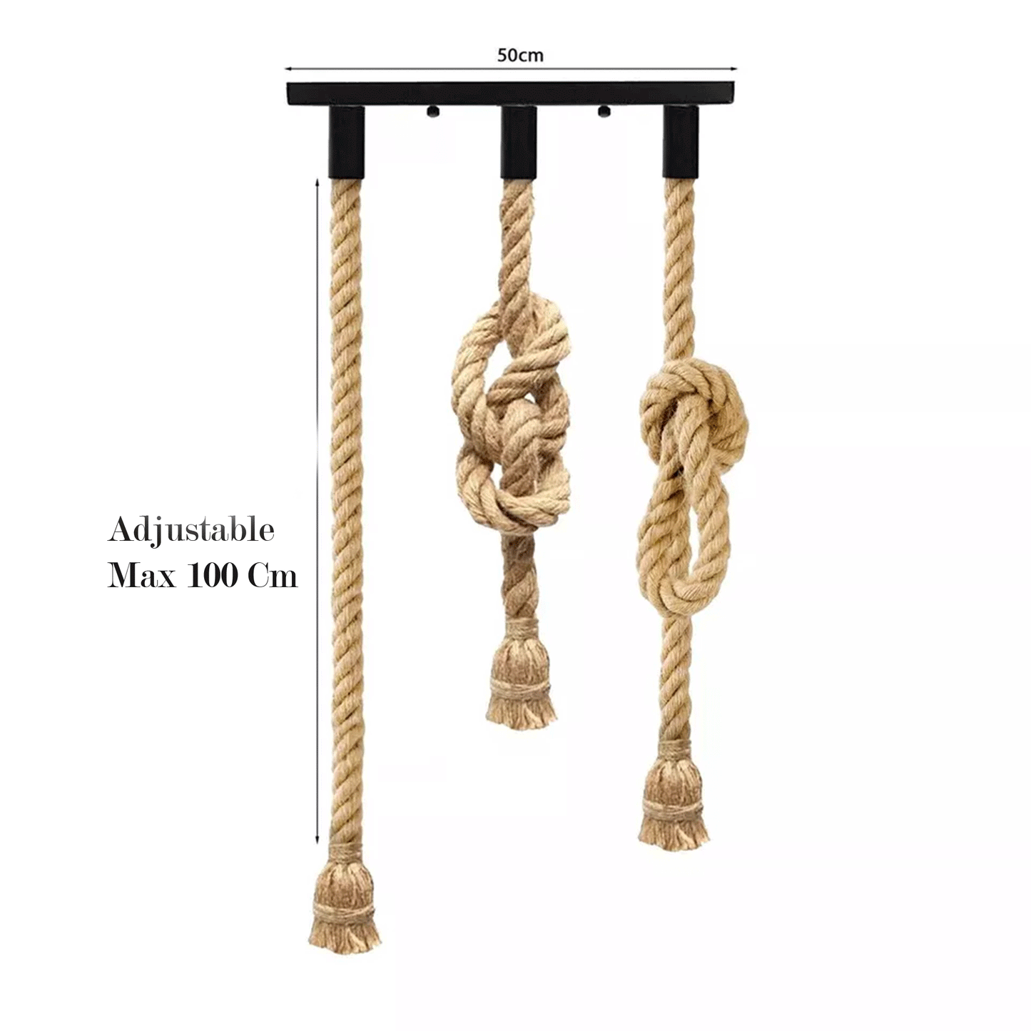3-Head Rope Ceiling Pendant – Tasselled Hemp Ropes, Black Bar, E27 - Hemp, No Shade, Without Bulb