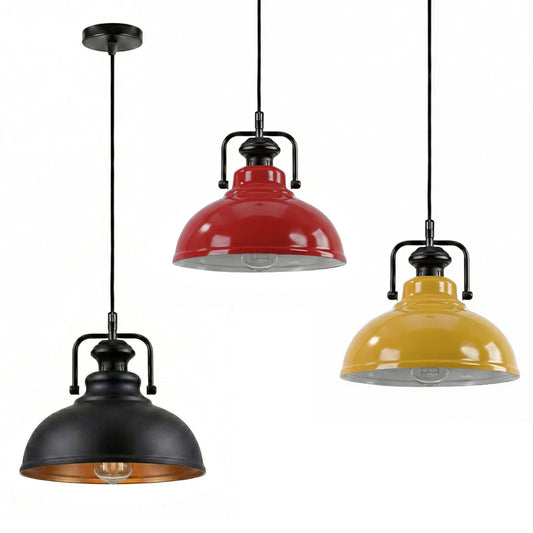 Industrial Dome Pendant Light – Black Fitting, 15 Shade Colours, E27