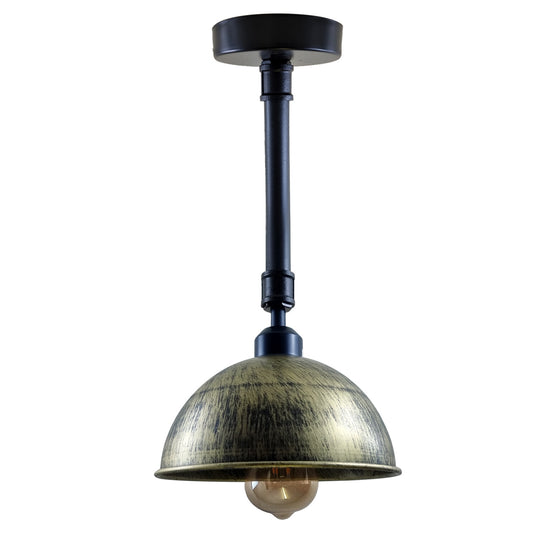 Industrial Short Pipe Ceiling Light – Dome, Cone or Barn Shade - Black, Dome 21 cm Brushed Brass, 20 cm Pipe, Without Bulb