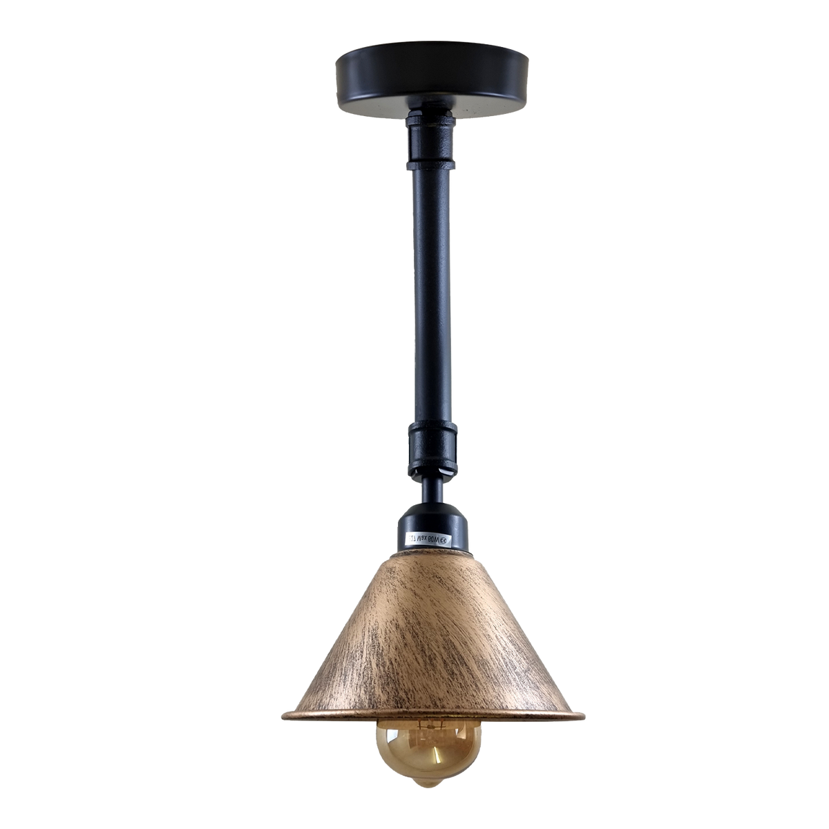 Industrial Short Pipe Ceiling Light – Dome, Cone or Barn Shade - Black, Small Cone 18 cm Brushed Copper, 20 cm Pipe, ST64 LED Bulb 4W