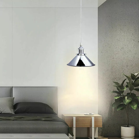 Chrome Pendant Light – E27, Choice of Metal Shades or Wire Cage - photo 2