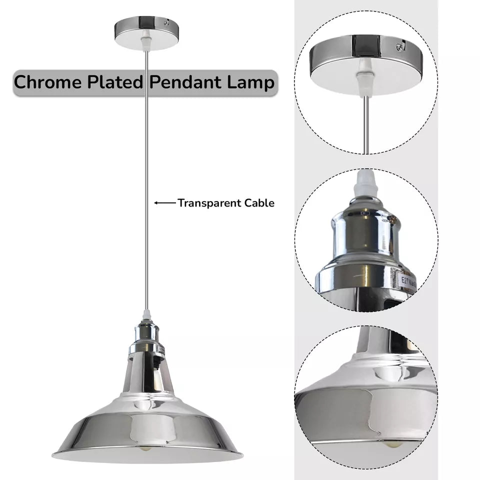 Chrome Pendant Light – E27, Choice of Metal Shades or Wire Cage - photo 4