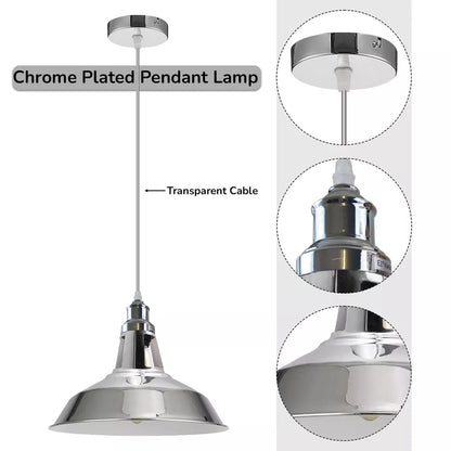 Chrome Pendant Light – E27, Choice of Metal Shades or Wire Cage - photo 4