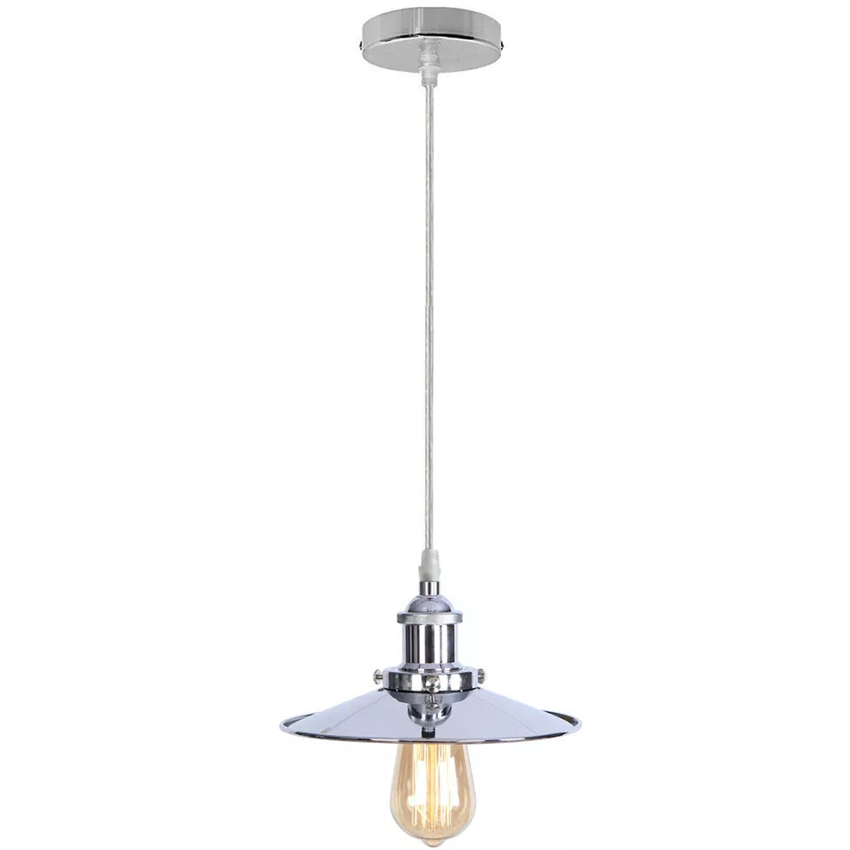 Chrome Pendant Light – E27, Choice of Metal Shades or Wire Cage - Chrome, Flat Chrome, Without Bulb