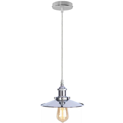 Chrome Pendant Light – E27, Choice of Metal Shades or Wire Cage - Chrome, Flat Chrome, Without Bulb