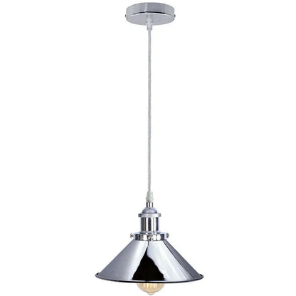 Chrome Pendant Light – E27, Choice of Metal Shades or Wire Cage - Chrome, Flat Cone 22 cm Chrome, Without Bulb