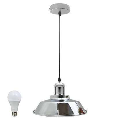Chrome Pendant Light – E27, Choice of Metal Shades or Wire Cage - Chrome, Vintage Dome 22 cm Chrome, WW LED Bulb 15W