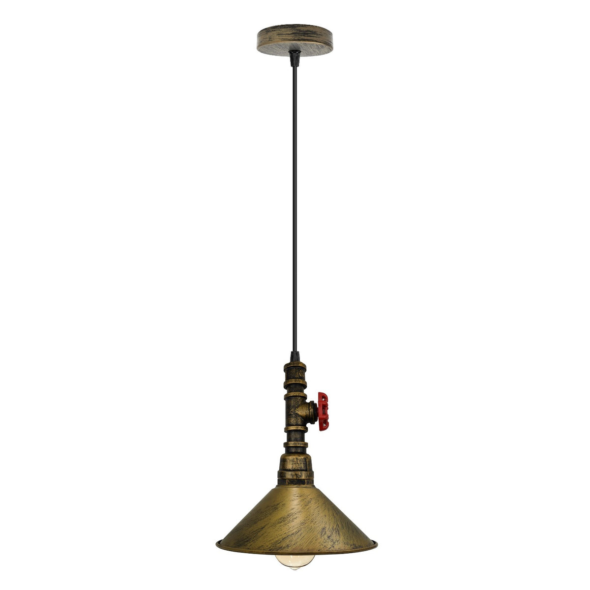 Water Pipe Pendant Light – Steampunk Tap Design, 4 Finishes, E27 - Brushed Brass, Flat Cone 22 cm Brushed Brass, Without Bulb