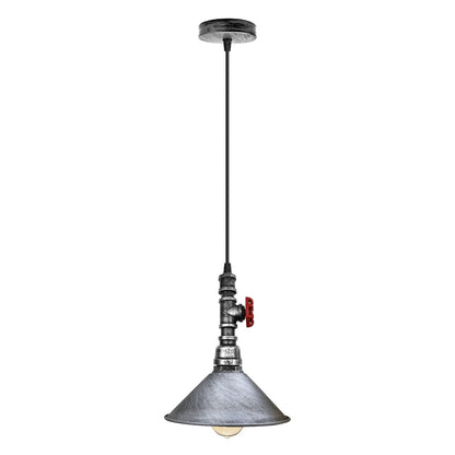 Water Pipe Pendant Light – Steampunk Tap Design, 4 Finishes, E27 - Brushed Silver, Flat Cone 22 cm Brushed Silver, Holder Only, Without Bulb