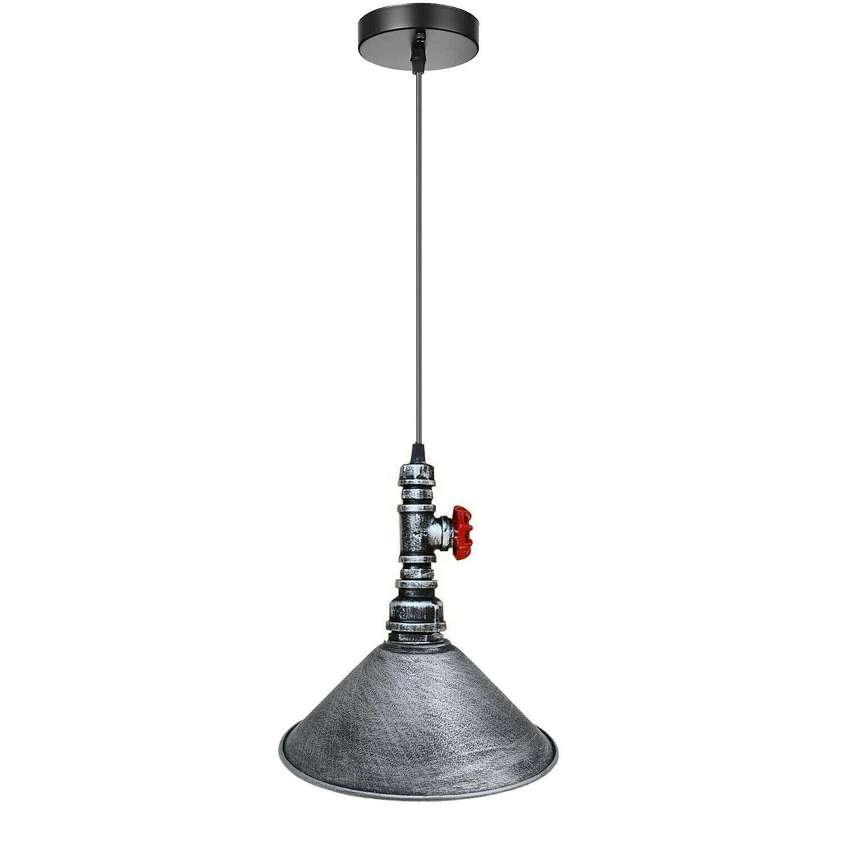 Water Pipe Pendant Light – Steampunk Tap Design, 4 Finishes, E27 - Brushed Silver, Flat Cone 22 cm Brushed Silver, Without Bulb