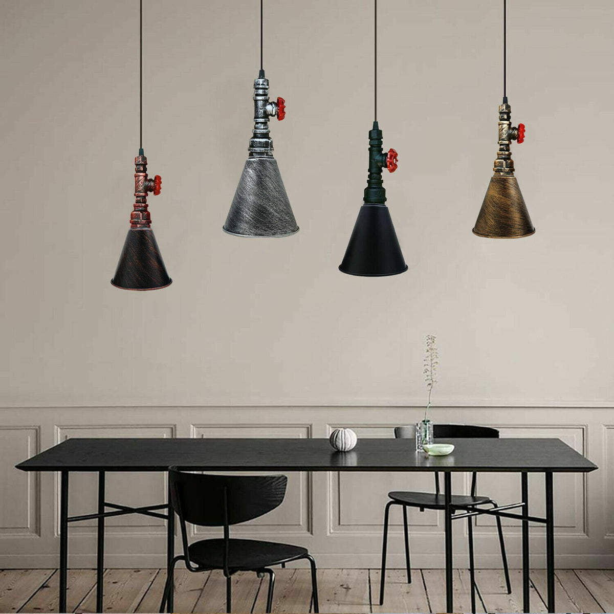 Water Pipe Pendant Light – Steampunk Tap Design, 4 Finishes, E27 - Brushed Copper, Long Cone 18 cm Brushed Copper, Without Bulb